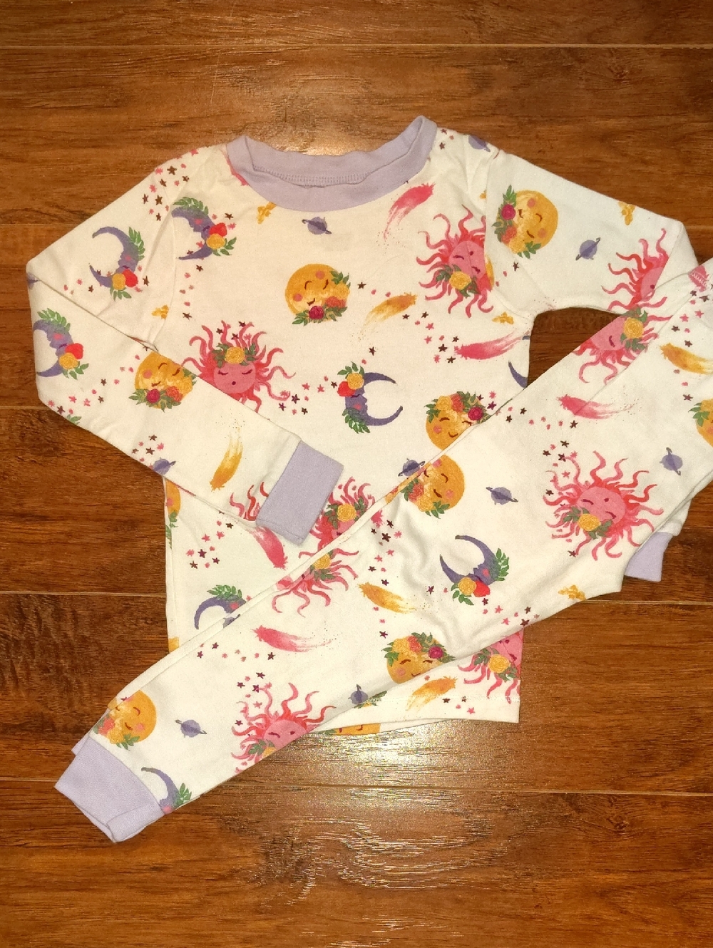 Burt's Bees Kids White Pajama Set with Lavender Trim & Colorful Celestial Accent